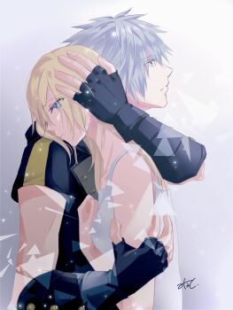 1boy 1girl blonde_hair blue_eyes comforting dress fingerless_gloves gloves green_eyes grey_hair hand_on_another&#039;s_head highres hood hoodie hug kingdom_hearts kingdom_hearts_iii long_hair namine riku_(kingdom_hearts) short_hair short_sleeves spiked_hair white_dress