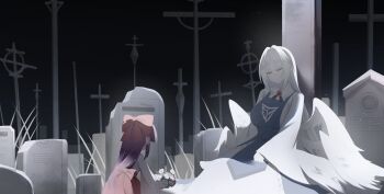 2girls absurdres angel angel_wings bow closed_mouth commentary feathered_wings flower graveyard grey_hair hair_bow hakama hakama_skirt hakurei_reimu hakurei_reimu_(pc-98) half-closed_eyes highres japanese_clothes long_hair long_sleeves multiple_girls multiple_wings no_noru outdoors purple_hair red_bow red_hakama ribbon-trimmed_sleeves ribbon_trim sariel_(touhou) skirt smile tombstone touhou touhou_(pc-98) very_long_hair white_flower white_wings wide_sleeves wings