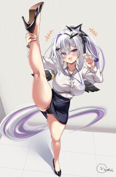 1girl absurdres alternate_costume amane_konata angel angel_wings black_panties black_shoes black_skirt breasts collared_shirt commentary_request grey_hair hair_ornament halo high_heels highres hololive inokeiwd large_breasts leg_up looking_at_viewer multicolored_hair panties purple_eyes purple_streaks shirt shoes skirt solo split standing standing_on_one_leg standing_split star_(symbol) star_hair_ornament star_halo streaked_hair underwear virtual_youtuber white_shirt wings