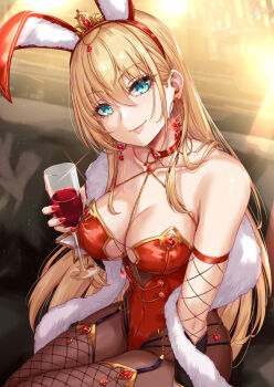 1girl alcohol animal_ears bare_shoulders blonde_hair breasts brown_pantyhose closed_mouth collarbone commentary_request earrings fake_animal_ears feather_boa fishnet_thighhighs fishnets hairband highleg highleg_leotard highres holding jewelry large_breasts leotard long_hair looking_at_viewer original pantyhose playboy_bunny rabbit_ears red_hairband red_leotard sakiyamama sitting smile solo thighhighs wine