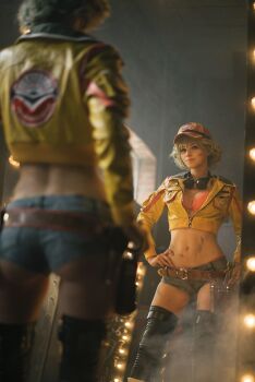 1girl ass belt bikini bikini_under_clothes blonde_hair boots breasts cidney_aurum cidney_aurum_(cosplay) cosplay denim denim_shorts dirty final_fantasy final_fantasy_xv goggles goggles_around_neck green_eyes hand_on_own_hip hat highres jacket mirror mirror_image navel open_clothes open_jacket photo_(medium) shirogane-sama short_shorts shorts smile swimsuit tool_belt tools