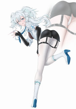 1girl :q absurdres akkuon ass bent_over black_gloves black_skirt blue_eyes boots breasts cross-laced_clothes cross-laced_skirt elbow_gloves fingerless_gloves florence_(girls&#039;_frontline_2) from_behind full_body girls&#039;_frontline girls&#039;_frontline_2:_exilium gloves hair_between_eyes hand_on_own_thigh hand_up heart heart-shaped_pupils high_heel_boots high_heels highres holding holding_syringe id_card jacket legs long_hair looking_at_viewer looking_back medium_breasts miniskirt pa-15_(girls&#039;_frontline) panties pantyhose seductive_smile skirt smile solo standing standing_on_one_leg symbol-shaped_pupils syringe thigh_strap thighs tongue tongue_out underwear very_long_hair white_hair white_jacket white_panties