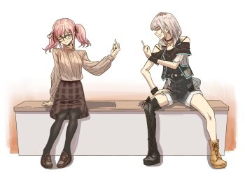 2girls anjuro_zeeku asymmetrical_footwear black_boots black_choker black_pantyhose black_shirt black_shorts boots brown_shoes brown_skirt brown_sweater choker closed_mouth clothing_cutout commentary english_commentary girls_band_cry grey_eyes grey_hair highres hina_(girls_band_cry) kawaragi_momoka long_sleeves medium_hair middle_finger mismatched_footwear multicolored_hair multiple_girls one_eye_closed pantyhose pink_hair roots_(hair) shirt shoes short_twintails shorts shoulder_cutout sitting skirt sweater twintails