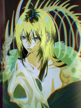 1girl absurdres animal_skeleton blonde_hair cheek_piercing closed_mouth ear_piercing face_piercing hair_between_eyes highres lip_piercing long_hair looking_at_viewer multicolored_hair multiple_piercings no_pupils nose_piercing original piercing roots_(hair) scar scar_on_face skeleton solo starlynblue upper_body