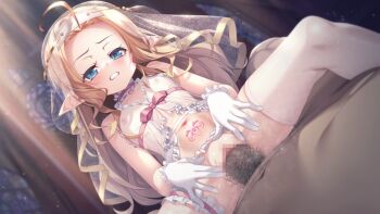 1boy 1girl babydoll blonde_hair blue_eyes blush bridal_lingerie cathedral censored church cowgirl_position erection flat_chest frilled_thigh_strap game_asset gloves hetero light_particles light_rays lingerie loli long_hair lufia_(reijuu_no_acolyte_lufia) mosaic_censoring navel nipples non-web_source penis pointy_ears pov reijuu_no_acolyte_lufia see-through_babydoll see-through_clothes sex solo_focus spread_legs stained_glass straddling tanabe_kyou thigh_strap thighhighs underwear vaginal veil visual_novel_cg wince