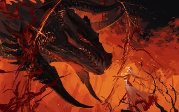 Rule 34 | 1girl, arms up, backless outfit, dragon, dress, faceless, faceless female, facing to the side, floating hair, full body, glowing, glowing eyes, highres, horns, leviair, long hair, orange background, orange dress, orange eyes, orange hair, original, reaching, reaching towards another, sharp teeth, solo, standing, teeth