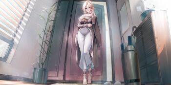 1girl absurdres bare_shoulders blonde_hair blush breasts cabinet cleavage clothing_cutout clothing_request commentary covered_groin covered_navel door dress feet from_below full_body grey_dress hand_in_own_hair hand_up high_heel_sandals highres indoors large_breasts large_variant_set legs light_particles long_dress long_hair long_sleeves looking_at_viewer lrrer mole mole_under_mouth multicolored_hair off-shoulder_dress off_shoulder open_door original parted_bangs parted_lips plant pointy_ears potted_plant purple_eyes rug sandals sidelocks solo standing streaked_hair thighs toes umbrella umbrella_stand underboob underboob_cutout variant_set white_streaks window window_blinds