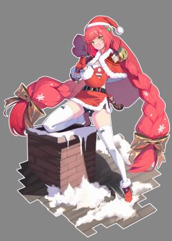 1girl absurdres alternate_costume belted_skirt braid braided_twintails capelet charm_(object) chimney commentary english_commentary facial_mark full_body gloves green_eyes grey_background grin hair_ornament hair_ribbon hat heart heart_facial_mark highres holding holding_sack kamanosuke_(zenless_zone_zero) long_hair moon_(restire) pom_pom_(clothes) red_capelet red_gloves red_hair red_skirt ribbon sack santa_costume santa_hat skirt smile snow solo sphere_hair_ornament thighhighs ukinami_yuzuha white_thighhighs yellow_ribbon zenless_zone_zero