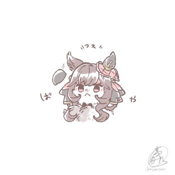 Rule 34 | animal ears, animalization, braid, braided hair rings, brown hair, closed mouth, cropped shoulders, ear covers, ear ornament, gentildonna (umamusume), hair between eyes, hair rings, heart-shaped ornament, heart ear ornament, horse ears, horse girl, long hair, looking at viewer, recursive animalization, red eyes, simple background, takatsuki nato, umamusume, white background