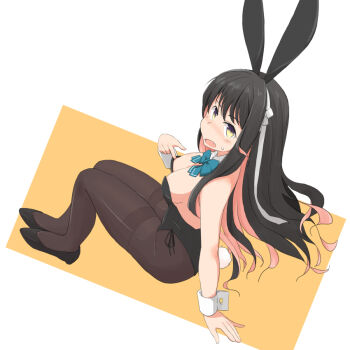 1girl alternate_costume animal_ear_hairband animal_ears arm_support black_hair black_hairband black_leotard black_pantyhose black_shoes blue_bow blue_bowtie blush bow bowtie breasts colored_inner_hair commentary_request detached_collar fake_animal_ears fake_tail fang from_above from_side full_body hair_between_eyes hairband kantai_collection kugui_kiyunemu leotard long_hair long_sidelocks looking_at_viewer medium_breasts multicolored_hair naganami_(kancolle) open_mouth pantyhose pink_hair playboy_bunny rabbit_ear_hairband rabbit_ears rabbit_tail shoes sidelocks simple_background sitting solo strapless strapless_leotard sweat tail thighband_pantyhose turning_head very_long_hair white_background white_hairband wrist_cuffs yellow_background yellow_eyes