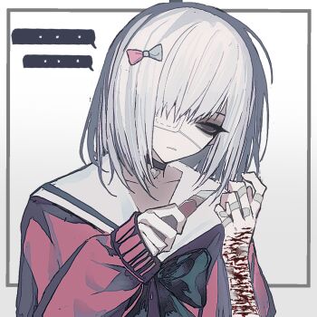 ... 1girl amagai_kosame bandaid bandaid_on_finger bandaid_on_hand bleeding blood blood_on_arm bow boxcutter chinese_commentary choker commentary_request cuts empty_eyes eyepatch grey_eyes hair_bow hair_over_one_eye half-closed_eyes hands_up holding holding_boxcutter injury long_sleeves mahou_shoujo_site medical_eyepatch sailor_collar self-harm short_hair solo spoken_ellipsis too_many_bandaids upper_body upturned_eyes white_hair white_sailor_collar wrist_cutting xiang_chi_niurou_gaifan