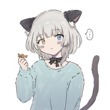 ... 1girl animal_ears bang_dream! bang_dream!_it's_mygo!!!!! black_choker blue_eyes blue_shirt blush candy cat_ears cat_tail choker closed_mouth commentary earrings fake_animal_ears fake_tail food hand_up heterochromia jewelry kaname_raana long_sleeves m_(226mmy) raana_the_cat ribbon_choker shirt short_hair simple_background solo spoken_ellipsis symbol-only_commentary tail upper_body white_background white_hair yellow_eyes