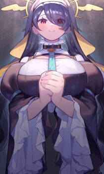 1girl absurdres black_hair black_veil blue_archive breasts commentary_request earrings eyes_visible_through_hair hair_over_one_eye halo highres hinata_(blue_archive) jewelry large_breasts long_hair looking_at_viewer nun nun_headdress praying red_eyes smile solo ubo_(ubo_tales) veil winged_halo yellow_halo