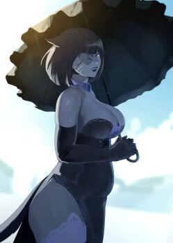 Rule 34 | 1girl, absurdres, animal ears, belly, black dress, black gloves, black lips, black tail, black umbrella, blunt bangs, bob cut, breasts, cat ears, cat girl, cat tail, cleavage, colored skin, commentary, commission, cowboy shot, day, dress, elbow gloves, english commentary, eyepatch, facial mark, final fantasy, final fantasy xiv, frilled thighhighs, frills, gloves, grey skin, highres, holding, holding umbrella, large breasts, looking at viewer, miqo'te, noa (zenohikas), one eye covered, original, outdoors, parted lips, short hair, solo, strapless, strapless dress, tail, thick thighs, thighhighs, thighs, umbrella, warrior of light (ff14), whisker markings, yellow eyes, yuria molkot
