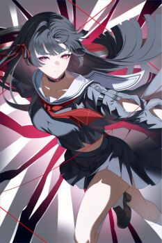 1girl arm_cutout black_choker black_hair black_shirt black_skirt breasts chisa_(wuthering_waves) choker closed_mouth clothing_cutout collarbone commentary hair_ribbon hashtag-only_commentary highres i_a_n large_breasts long_hair long_sleeves looking_at_viewer neckerchief red_eyes red_neckerchief red_ribbon ribbon sailor_collar shirt skirt solo thighs white_sailor_collar wuthering_waves