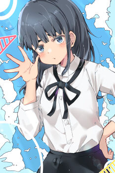 1girl absurdres aokaly arm_up basori_tiara black_hair black_ribbon black_skirt blue_eyes blush buttons collared_shirt commentary_request hair_behind_ear highres long_hair looking_at_viewer make_heroine_ga_oo_sugiru! neck_ribbon ribbon shirt shirt_tucked_in skirt tagme white_shirt