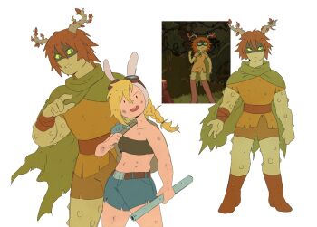 1boy 1girl adventure_time adventure_time:_fionna_and_cake animal_hood colored_sclera colored_skin cosplay costume_switch eye_mask fionna_campbell goggles goggles_on_headwear green_sclera green_skin hair_branch highres hood hunter_(adventure_time) huntress_wizard huntress_wizard_(cosplay) mask plant_hair rabbit_hood reference_inset scene_reference yangyexin