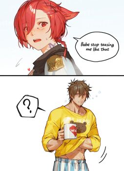 Rule 34 | 2boys, ?, adventurer (ff14), animal ears, beard stubble, blue eyes, blush, braid, brown hair, cat boy, cat ears, cup, english text, facial hair, facial mark, ffxivys, final fantasy, final fantasy xiv, g'raha tia, hair between eyes, hair ornament, hair over one eye, hand under clothes, hand under shirt, highres, holding, holding cup, looking at another, male focus, messy hair, miqo'te, multiple boys, multiple scars, neck tattoo, open mouth, parted lips, print shirt, red eyes, red hair, scar, scar on arm, scar on chest, scar on neck, scar on stomach, scars all over, shirt, short hair, spoken question mark, squeans, steaming cup, striped male underwear, stubble, sweatdrop, tattoo, too many, upper body, warrior of light (ff14), white background, x hair ornament, yaoi, yellow shirt