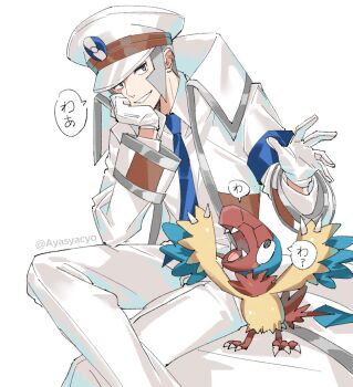 Rule 34 | 1boy, archen, armband, ayasyacyo, bird, blue armband, blue necktie, coat, collared shirt, dinosaur, emmet (pokemon), fangs, feathered wings, gen 5 pokemon, gloves, grey eyes, grey hair, hand on own chin, hat, necktie, nintendo, open mouth, pants, pokemon, pokemon (creature), pokemon bw, shirt, short hair, sideburns, sitting, smile, speech bubble, tail, talons, white background, white coat, white gloves, white hat, white pants, white shirt, wings