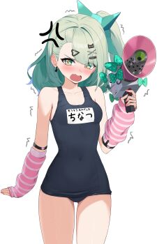 1girl 4kebidayo absurdres blush breasts chinatsu_remiel green_eyes green_hair hair_ornament hairclip highres holding loli one-piece_swimsuit school_swimsuit small_breasts solo swimsuit white_background zenless_zone_zero