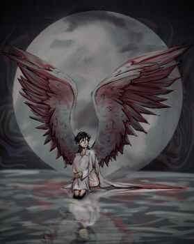 1girl absurdres black_eyes black_hair commentary curled_up dress feathered_wings full_body gildell grey_dress grey_wings highres hugging_own_legs long_hair looking_to_the_side moon reflection revel_(shadow_slave) ripples shadow_slave sitting slippers solo wings