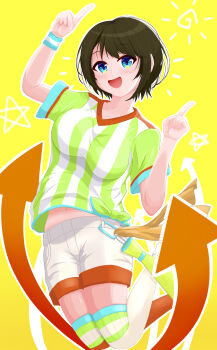 1girl absurdres blue_eyes brown_hair commentary_request highres hololive looking_at_viewer oozora_subaru oozora_subaru_(1st_costume) shirt short_hair shorts smile solo striped_clothes striped_shirt u_da_desu virtual_youtuber white_shirt white_shorts yellow_background yellow_shirt