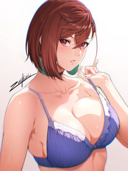 1girl ayase_momo bare_shoulders blush bra breasts brown_hair choker cleavage crossed_bangs dandadan earrings hair_between_eyes highres jewelry large_breasts looking_at_viewer parted_lips purple_bra red_eyes short_hair solo underwear zucchini