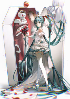 1girl absurdly_long_hair absurdres apple aqua_eyes aqua_hair blue_footwear blue_ribbon breasts cape coffin commentary_request crown curtains detached_sleeves dress flower food fruit hair_flower hair_ornament hatsune_miku high_heels highres long_hair microphone microphone_stand mirror petals pumps ribbon rose rose_petals rumoon shiroi_yuki_no_princess_wa_(vocaloid) short_dress sideboob skeleton solo thighhighs train_(clothing) twintails very_long_hair vocaloid white_background white_dress white_footwear white_thighhighs