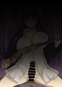 1boy 1girl absurdres bdsm breasts closed_mouth collarbone covered_erect_nipples dark-skinned_male dark_skin erection fellatio_gesture femdom fern_(sousou_no_frieren) gozaru highres holding holding_staff large_breasts long_hair long_sleeves looking_at_viewer mage_staff netorare open_clothes open_robe penis purple_eyes purple_hair pussy revealing_clothes robe sidelocks smile solo sousou_no_frieren spread_legs staff straight_hair tentacles translation_request
