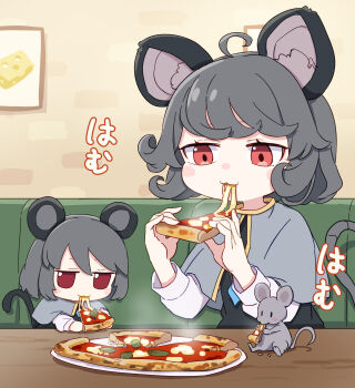 Rule 34 | 2girls, absurdres, ahoge, animal ears, black vest, blush stickers, capelet, commentary, dual persona, eating, food, fumo (doll), grey capelet, grey hair, highres, holding, holding food, holding pizza, indoors, kame (kamepan44231), long sleeves, mouse (animal), mouse ears, mouse girl, mouse tail, multiple girls, nazrin, pizza, plate, red eyes, shirt, short hair, tail, touhou, translated, vest, white shirt