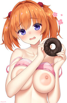 1girl areola_slip blush bra bra_lift breasts cafe_stella_to_shinigami_no_chou chocolate_donut cleavage clothes_lift collarbone colored_eyelashes commentary donut embarrassed english_commentary eyes_visible_through_hair food furrowed_brow hair_between_eyes hair_intakes hands_up highres holding holding_donut holding_food large_areolae large_breasts looking_at_viewer medium_hair nipples nose_blush nyayuu96 open_mouth paid_reward_available pink_bra purple_eyes simple_background solo strap_slip sumizome_nozomi twintails underwear underwear_only wavy_mouth white_background