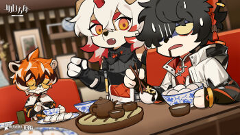 1girl 2boys aak_(arknights) animal_ears arknights black_dress black_gloves black_hair black_shirt blurry blurry_background body_fur bridal_gauntlets brown_hair capelet cat_boy cat_ears chopsticks company_name copyright_name copyright_notice cup diner dog_boy dog_ears dress drooling dumpling dutch_angle ear_piercing eating food furry furry_female furry_male glasses gloves highres holding holding_chopsticks horns hung_(arknights) indoors jacket jiaozi multicolored_fur multicolored_hair multiple_boys official_art open_clothes open_jacket open_mouth orange_fur orange_hair piercing red_hair semi-rimless_eyewear shirt short_hair single_horn streaked_hair teacup teapot tiger_ears tiger_girl tinted_eyewear under-rim_eyewear uwu waai_fu_(arknights) wavy_mouth white_capelet white_fur white_hair white_jacket yellow_eyes