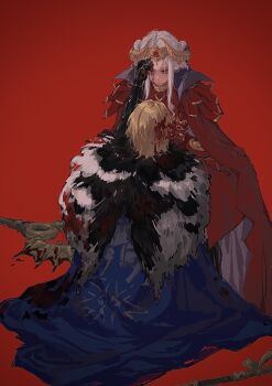 Rule 34 | armor, axe, aymr (fire emblem), battle axe, blonde hair, blood, blood on clothes, blood on face, blue cape, cape, closed mouth, collared cape, commentary, dimitri alexandre blaiddyd, dimitri alexandre blaiddyd (timeskip), double bun, dress, edelgard von hresvelg, edelgard von hresvelg (timeskip), fake horns, fire emblem, fire emblem: three houses, from behind, fur-trimmed cape, fur trim, hair bun, headpiece, highres, holding, holding axe, holding weapon, horns, kneeling, looking down, melonmeros, mystical high collar, nintendo, purple eyes, red armor, red background, red cape, red dress, untranslatable commentary, weapon, white hair