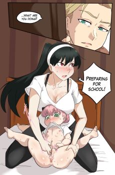 1boy 2girls age_difference anus anya_(spy_x_family) ass barefoot black_hair blonde_hair blush bottomless breast_rest breasts breasts_on_head cleavage clothes_lift english_text feet female_pervert female_pussy_play fingering flat_chest green_eyes highres incest kneeling large_breasts loli long_hair mature_female mother_and_daughter motion_lines multiple_girls nipples nude on_bed onee-loli open_mouth pervert pink_hair pussy pussy_play red_eyes shirt_lift short_hair size_difference soles spread_legs spy_x_family sweat sweatdrop tagme toes twilight_(spy_x_family) ukaya_masaru uncensored walk-in yor_briar yuri