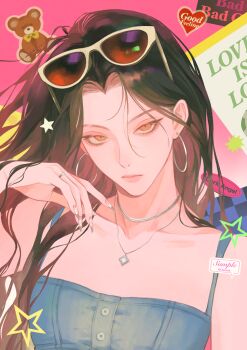 1girl absurdres brown_eyes brown_hair closed_mouth collarbone colored_inner_hair earrings eyelashes fingernails heart highres hoop_earrings jewelry lips long_hair looking_at_viewer multicolored_hair nail_polish necklace original oxi206 parted_bangs pink_background ring solo star_(symbol) sticker stuffed_animal stuffed_toy teddy_bear unworn_headwear upper_body