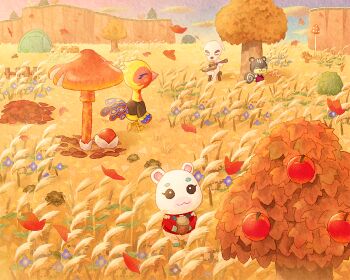 Rule 34 | 1boy, 3girls, :3, ^ ^, acoustic guitar, animal crossing, apple, apple tree, autumn, bird girl, black shirt, blaire (animal crossing), blue flower, bush, cliff, closed eyes, closed mouth, cloud, commentary request, dog boy, dress, falling leaves, fence, field, flower, flurry (animal crossing), food, fruit, furry, furry female, furry male, gradient sky, grass, guitar, hamster girl, holding, holding food, holding instrument, instrument, k.k. slider (animal crossing), leaf, leaf pile, long sleeves, moai (aoh), multiple girls, mushroom, music, nintendo, on ground, on stool, outdoors, phoebe (animal crossing), pinafore dress, playing instrument, red dress, red sweater, scenery, shirt, short sleeves, sitting, sky, sleeveless, sleeveless dress, smile, squirrel girl, stool, sweater, sweet potato, t-shirt, tent, tree, walking, white shirt, wooden fence