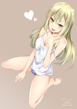 1girl absurdres bare_shoulders barefoot between_legs blonde_hair blush cameltoe camisole from_above hair_between_eyes hair_down hand_between_legs heart highres kneeling koujiro_frau long_hair looking_at_viewer loungewear open_mouth panties purple_panties robotics;notes science_adventure shiny_skin sitting smile solo strap_pull strap_slip thick_thighs thighs tongue tongue_out underwear white_camisole yakku yellow_eyes