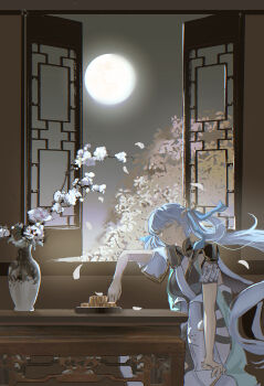 1girl absurdres architecture black_collar black_dress bow breasts chinese_commentary coat collar colored_eyelashes commentary_request dress earrings east_asian_architecture full_moon hair_bow hair_ornament hair_rings highres indoors jewelry jinhsi_(wuthering_waves) long_hair medium_breasts minglu_(gululu) mole mole_on_cheek moon night open_window sitting smile solo twintails very_long_hair white_coat white_eyelashes white_hair white_petals window wuthering_waves