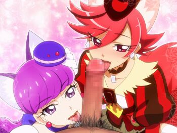 10s 1boy 2girls animal_ears animated animated_gif black_hair blunt_bangs cat_ears censored collarbone cooperative_fellatio cure_chocolat cure_macaron dog_ears dog_tail earrings erection eyes_visible_through_hair fellatio food-themed_hair_ornament fox_ears fox_tail hair_ornament jewelry kenjou_akira kirakira_precure_a_la_mode kotozume_yukari licking licking_penis looking_at_viewer mosaic_censoring multiple_girls mushiro_(nijie728995) oral penis pink_hair pov precure puffy_short_sleeves puffy_sleeves purple_eyes purple_hair red_eyes red_hair short_sleeves tail teamwork teamwork_(sexual) tongue tongue_out