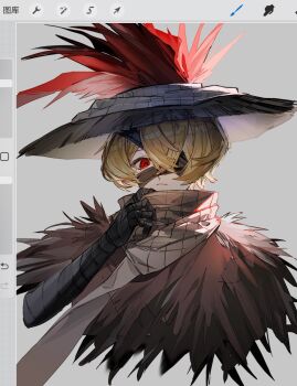 Rule 34 | 1boy, art program in frame, bandage on face, bandaged arm, bandages, blonde hair, bochishiraita, brown feathers, brown scarf, chinese commentary, feathers, grey background, hat, heishou pack-you branch (identity) (project moon), highres, limbus company, looking at viewer, male focus, one eye covered, project moon, red eyes, red feathers, rice hat, scarf, sinclair (project moon), upper body
