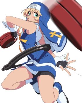 Rule 34 | 1boy, bike shorts, black gloves, blonde hair, blue veil, blush, bridget (guilty gear), commentary, cross, crossdressing, crossdressing (mtf), eyelashes, fingerless gloves, gloves, green eyes, guilty gear, guilty gear xx, highres, holding, looking at viewer, male focus, mars symbol, nun, nun veil, open mouth, shoes, simple background, sleeveless, solo, trap, veil, white background, yachima tana, yo-yo