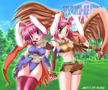 2000s_(style) 2girls :d animal_ears animal_on_arm artist_name assassin_(ragnarok_online) belt belt_buckle bird bird_on_arm blue_leotard blue_sky breasts brown_gloves brown_panties brown_skirt buckle cleavage cloud commentary_request eagle elbow_gloves fake_animal_ears fingerless_gloves gloves gluteal_fold green_belt green_eyes hairband highleg highleg_leotard holding_hands hunter_(ragnarok_online) interlocked_fingers legs_together leotard looking_at_viewer maki_(seventh_heaven_maxion) medium_breasts microskirt multiple_girls navel open_mouth outdoors panties pink_hair pink_thighhighs purple_eyes rabbit_ears ragnarok_online revision short_hair side_slit skirt sky smile standing thigh_gap thigh_strap thighhighs thighs tree underwear white_hairband