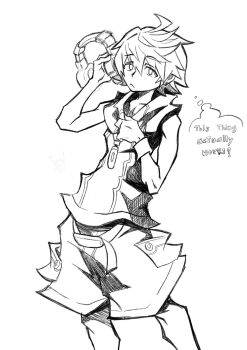 Rule 34 | 1boy, ahoge, belt, closed mouth, ear piercing, english text, eyebrows hidden by hair, headphones, kanade rindo, loose belt, male focus, mp3 player, piercing, sakuraba neku (cosplay), shin subarashiki kono sekai, shirt, shorts, sleeveless, sleeveless shirt, spaghetto087, subarashiki kono sekai, sweatband