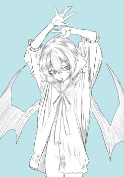 1girl absurdres arms_up bat_wings blue_background bottomless eyamigusa8823 frilled_sleeves frills greyscale_with_colored_background highres long_sleeves neck_ribbon remilia_scarlet ribbon simple_background solo touhou wings