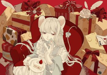 Rule 34 | 1girl, animal ears, armchair, blunt bangs, box, cake, cake slice, chair, cheese, commentary request, food, fork, gift, gift box, gift wrapping, highres, holding, holding fork, holding plate, letter, long hair, maguru white, mouse ears, mouse girl, original, plate, red background, red eyes, solo, white hair