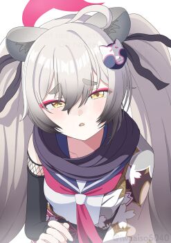 1girl absurdres ahoge animal_ear_fluff animal_ears black_gloves black_ribbon black_scarf blue_archive blue_sailor_collar blush cherry_blossom_print commentary cowboy_shot elbow_gloves eyes_visible_through_hair eyeshadow floral_print furrowed_brow gloves gradient_hair grey_hair hair_between_eyes hair_ribbon halo highres iwaaiso5040 long_hair looking_at_viewer makeup michiru_(blue_archive) multicolored_hair neckerchief open_mouth partially_fingerless_gloves pink_eyeshadow pink_halo pink_neckerchief pov raccoon_ears raccoon_girl raccoon_hair_ornament raccoon_tail ribbon sailor_collar scarf school_uniform serafuku shirt sidelocks simple_background single_bare_shoulder sleeveless sleeveless_shirt solo straight-on tail thick_eyebrows twitter_username very_long_hair watermark white_background white_shirt yellow_eyes