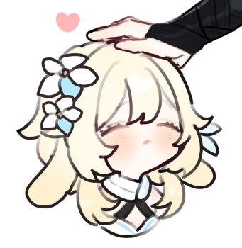 1girl animal_ears armor black_bridal_gauntlets blonde_hair blue_feathers blue_flower blue_trim blush bridal_gauntlets closed_eyes cropped_torso disembodied_hand ears_down eyelashes facing_up feather_hair_ornament feathers flower genshin_impact hair_between_eyes hair_ornament halterneck headpat heart highres japanese_armor kote kurokote lumine_(genshin_impact) multicolored_flower rabbit_ears rabbit_girl scaramouche_(genshin_impact) scarf short_hair short_hair_with_long_locks sidelocks wanderer_(genshin_impact) white_background white_flower white_scarf wonla8