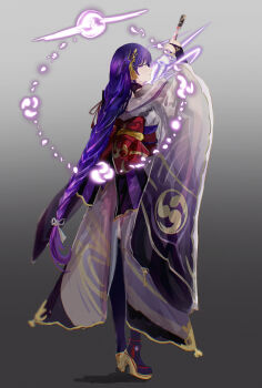 1girl a_(c3einycggcevevf) absurdres braid breasts commentary full_body genshin_impact gradient_background hair_ornament highres holding holding_sword holding_weapon japanese_clothes katana kimono long_hair looking_back mole mole_under_eye musou_isshin_(genshin_impact) obi purple_eyes purple_hair purple_kimono purple_thighhighs raiden_shogun sash simple_background solo sword thighhighs very_long_hair weapon