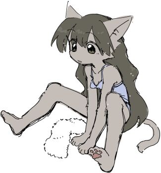 3yo4yo5yo akane_(3yo4yo5yo) animal_ears animal_hands breasts brown_eyes brown_hair camisole cat_ears cat_girl cat_paws cat_tail feet furry furry_female highres long_hair original pawpads pointy_breasts simple_background sketch small_breasts tail underwear white_background
