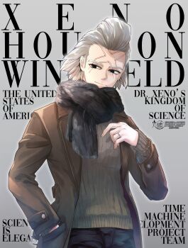 1boy absurdres black_eyes black_pants black_scarf brown_coat character_name coat copyright_name cover cowboy_shot dr._stone english_text fake_cover fake_magazine_cover grey_background grey_hair grey_scarf grey_sweater hair_slicked_back hand_in_pocket highres jewelry long_sleeves magazine_cover male_focus mitsuru_(aica_hikari) pants ribbed_sweater ring scar scar_on_face scarf smile solo sweater xeno_(dr.stone)